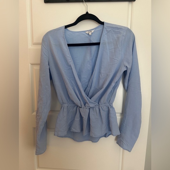 *3/$25* Elegant Blue Long Sleeve Wrap Peplum Blouse - Picture 1 of 2